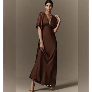 ❌sold❌NWT Anthx BHLDN Amelia Leila Deep-V Satin Chocolate Brown Dress 16
